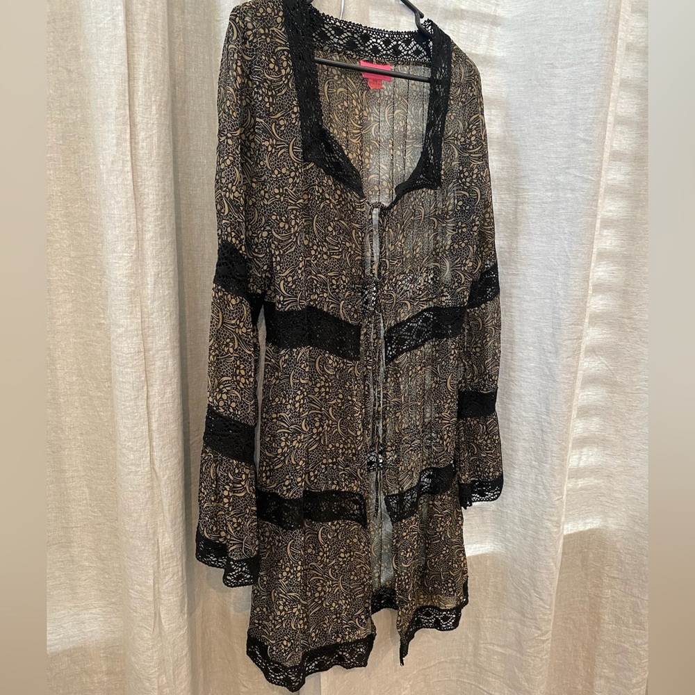 Betsy Johnson black/tan sheer open front cardigan with black crochet detail. OS